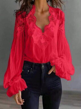 Red Casual Women's Lace Trim V-Neck Blouse